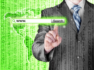 Businessman pushing virtual search bar