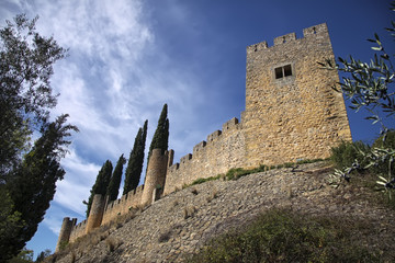 Bottom-up view to the medieval castle wall and blue cloudy sky