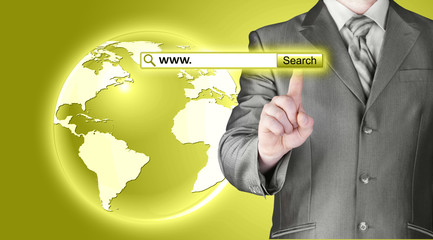 Businessman pushing virtual search bar