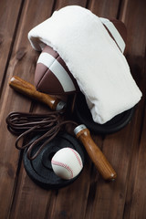 American football, baseball, jumping rope and weight disks