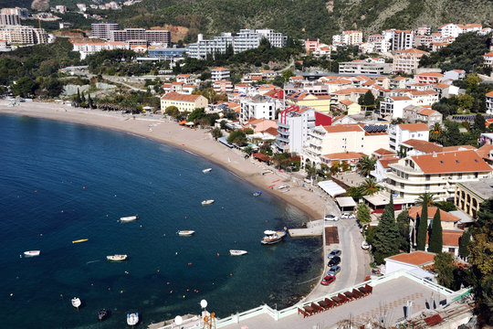 Aerial view of Rafailovici beach - Budva Bay