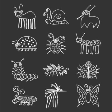 Bugs And Insects Icon Collection Set On Blackboard
