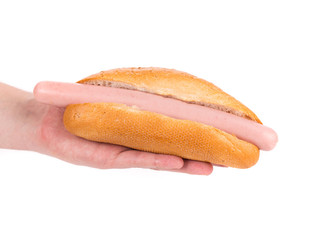 Hand hold uncooked hotdog.