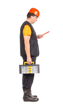 Man holding plastic tool box.