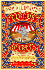 Circus Show Retro Template Invite Cartoon Poster Invitation Kid Birthday Party. Carnival Festival Theme Background Acrobatics Cabaret Vintage vector Acrobat Clown Elephant Strip Card Game Illustration - 75527828