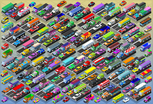 Isometric Cars, Buses, Trucks, Vans, Mega Collection All In Vector