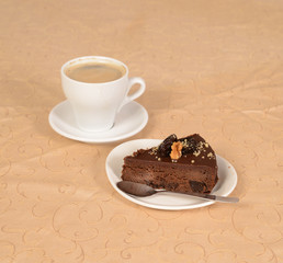 chocolate pie with a cup of coffe