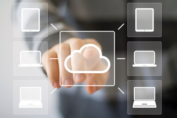 Businessman pushing virtual button cloud icon online