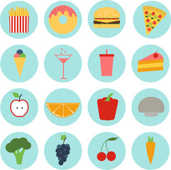 food icons, eat, healthy, unhealthy, fruit, fast, vector