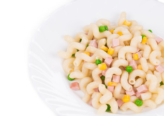 Pasta with green peas and corn.