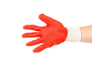 Close up of red rubber glove on hand.
