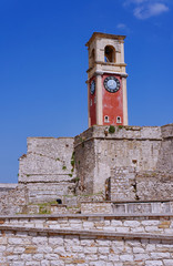 Clock tower in Palaio Frourio, city of Corfu, Greece.
