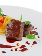 venison with port wine sauce and noodles in cream