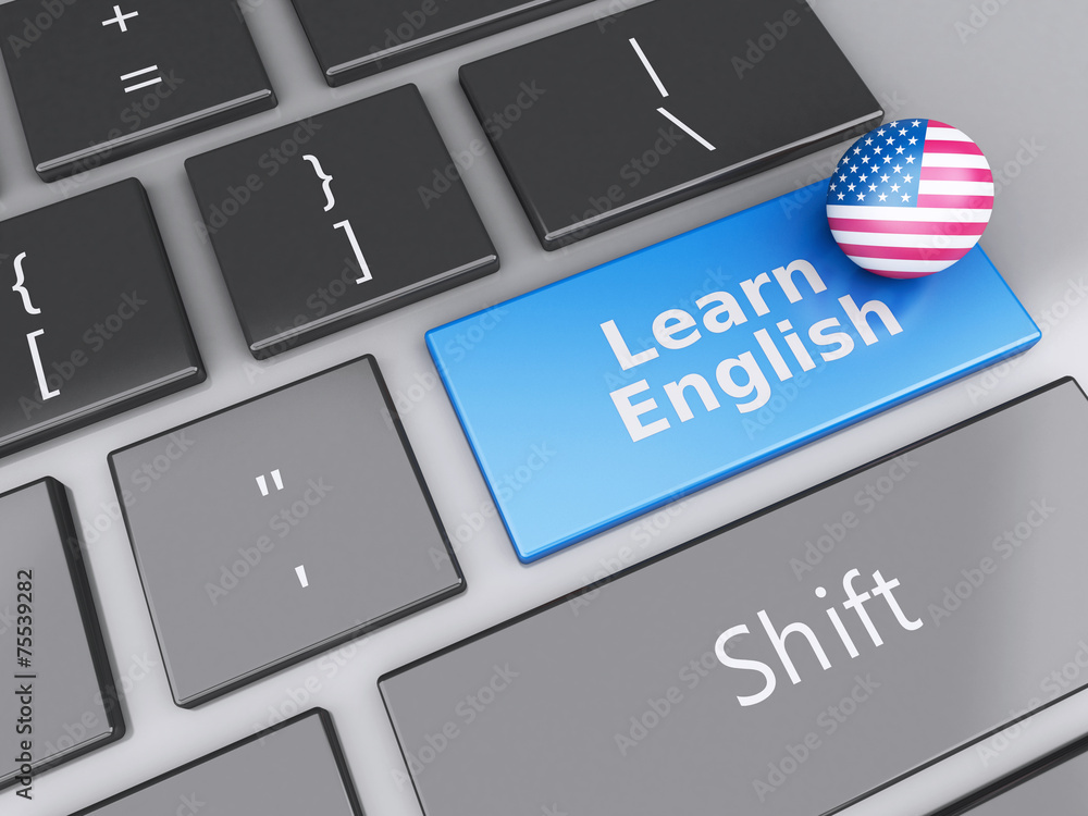 Poster 3d learn english on computer keyboard. education concept