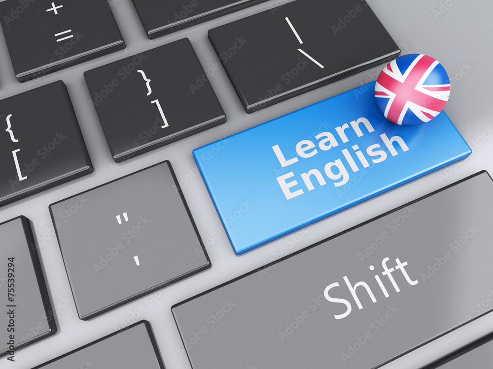 Poster 3d learn english on computer keyboard. education concept