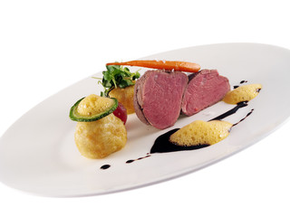 pink veal tenderloin with potato dumplings