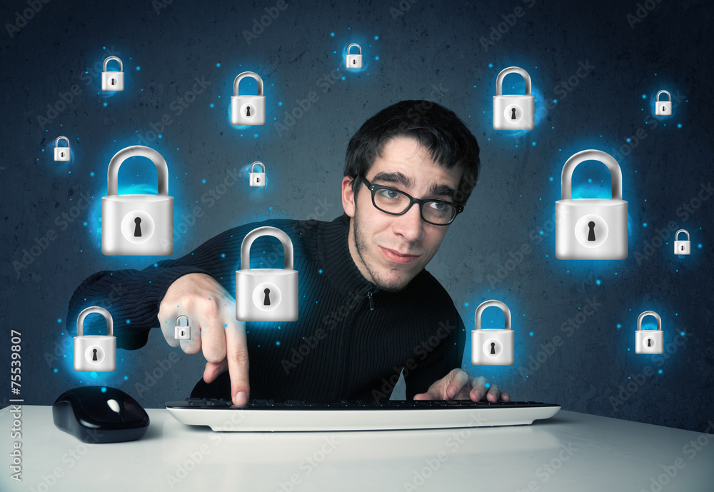 Poster young hacker with virtual lock symbols and icons