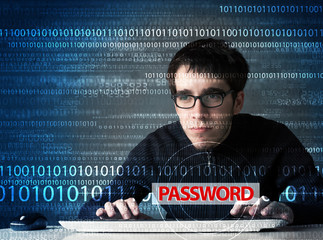 Young geek hacker stealing password