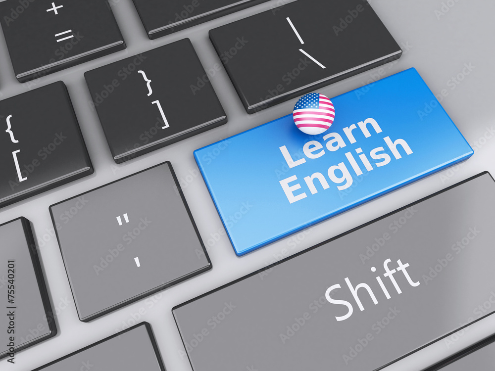 Poster 3d learn english on computer keyboard. education concept