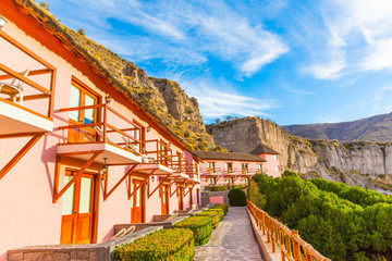 Upscale hotel and Inviting Courtyard and garden in Colca Canyon - obrazy, fototapety, plakaty