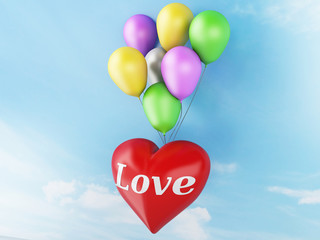Fototapeta na wymiar 3d red heart and colorful balloons. valentine's day concept in t
