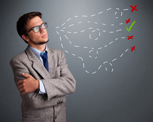 Young man choosing between right and wrong sings