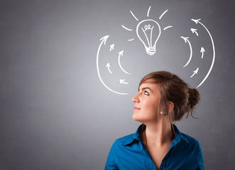 Pretty lady thinking with arrows and light bulb overhead