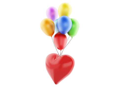 3d red heart and balloons, valentine's day concept  isolated on