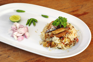 thai salted fried rice with herb in ceramic dish