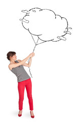 Young lady holding cloud balloon drawing