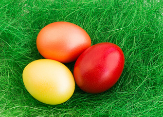 Fototapeta na wymiar Colorful eggs on green background