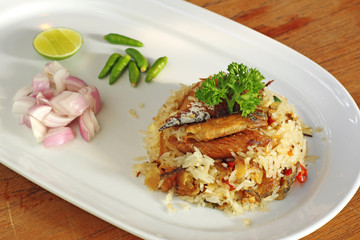 thai salted fried rice with herb in ceramic dish