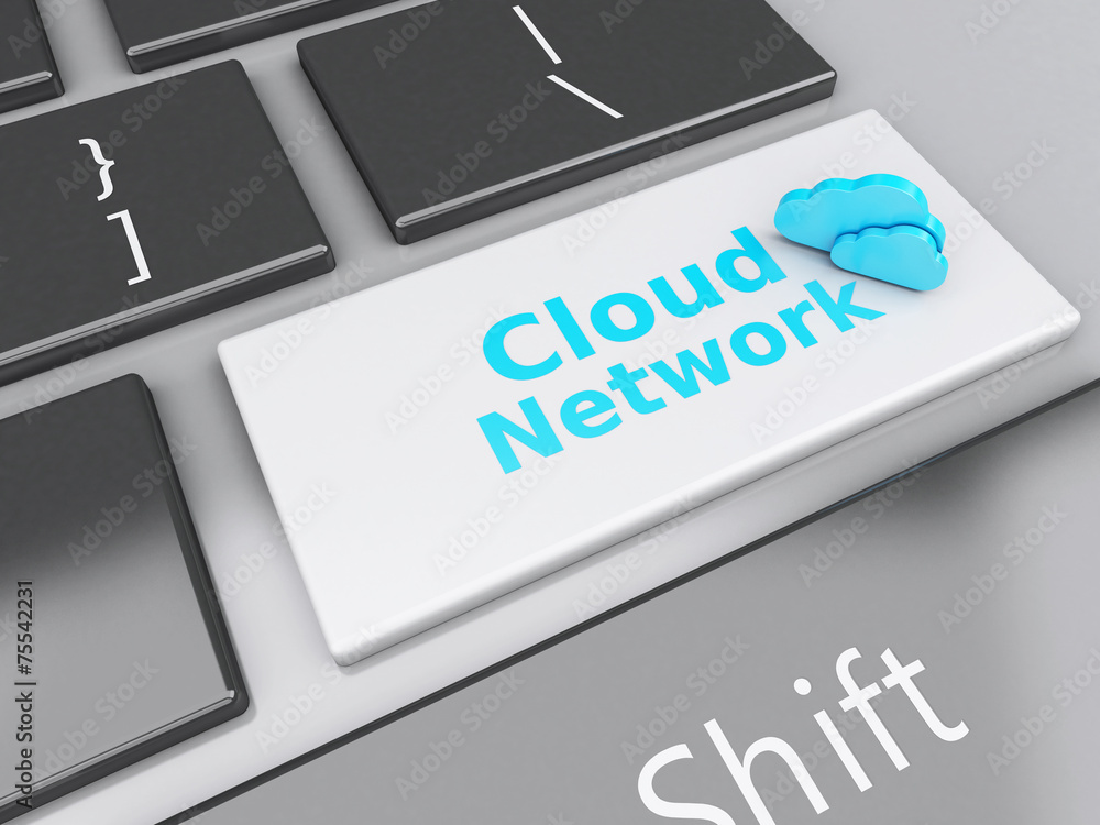 Poster 3d cloud network on computer keyboard. cloud computing concept
