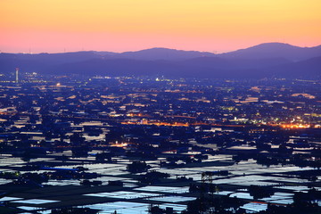Paddy field at twilight, Nanto city, Toyama, Japan