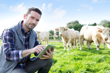 Young attractive farmer using tablet in a field