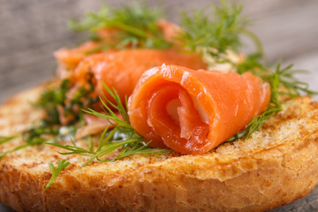 Salmon rolls with dill on toasted bread, shallow dof
