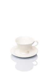 Ceramic saucer and teacup over white background 