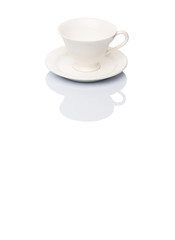 Ceramic saucer and teacup over white background 