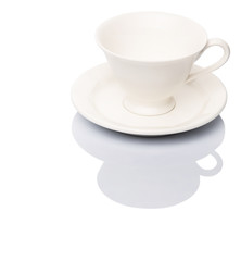 Ceramic saucer and teacup over white background 