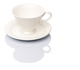 Ceramic saucer and teacup over white background 
