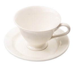 Ceramic saucer and teacup over white background 