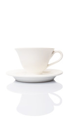 Ceramic saucer and teacup over white background 
