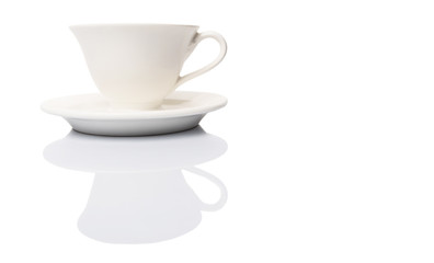 Ceramic saucer and teacup over white background 