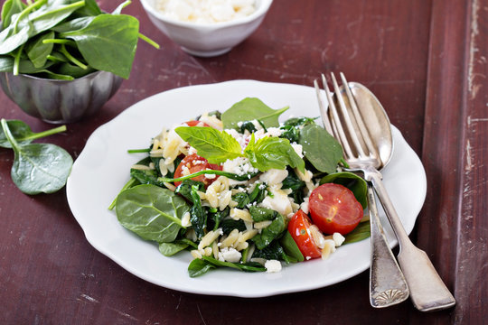 Pasta salad with orzo, spinach and feta