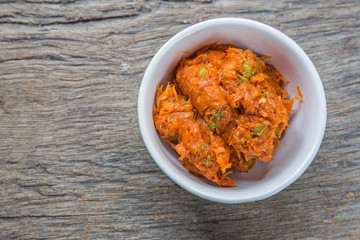Thai Food ,prepare Fish Cake for cooking on wood table