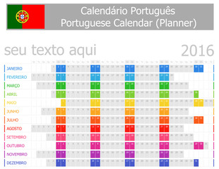 2016 Portuguese Planner Calendar with Horizontal Months