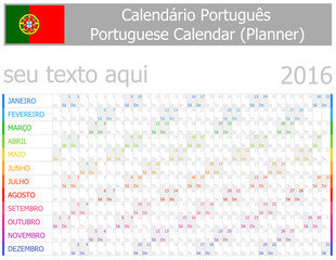 Fototapeta na wymiar 2016 Portuguese Planner-2 Calendar with Horizontal Months