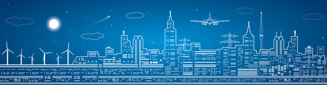 Lines city panoramic, light town, airplane flies, vector design