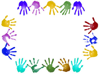 Fototapeta premium Conceptual children painted hand print frame isolated