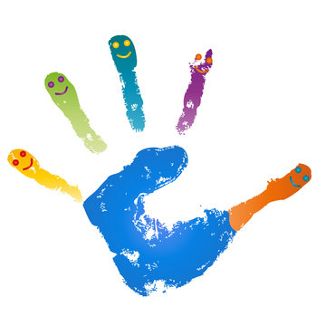 Conceptual children painted hand print and smile face isolated